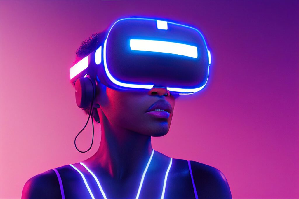 xr, mr, mixed reality, virtual reality, augmented reality, african american, female, woman, lady, girl, black, metaverse, america, pink, purple, blue, neon, lighting